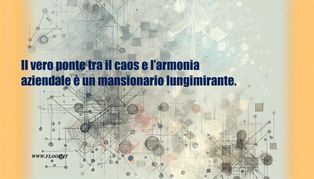 Abstract, light gray artist’s notebook background with ultra-thin hand-drawn lines forming free-flowing, geometric patterns. Integrated are conceptual sketches of mansionario aziendale, framework comunicativo, and ruoli aziendali, using light blue, red, yellow, and green.